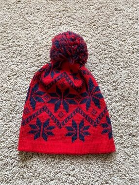 vintage Wigwam Mills red navy blue pure wool ski beanie Nordic snowflake pom-pom